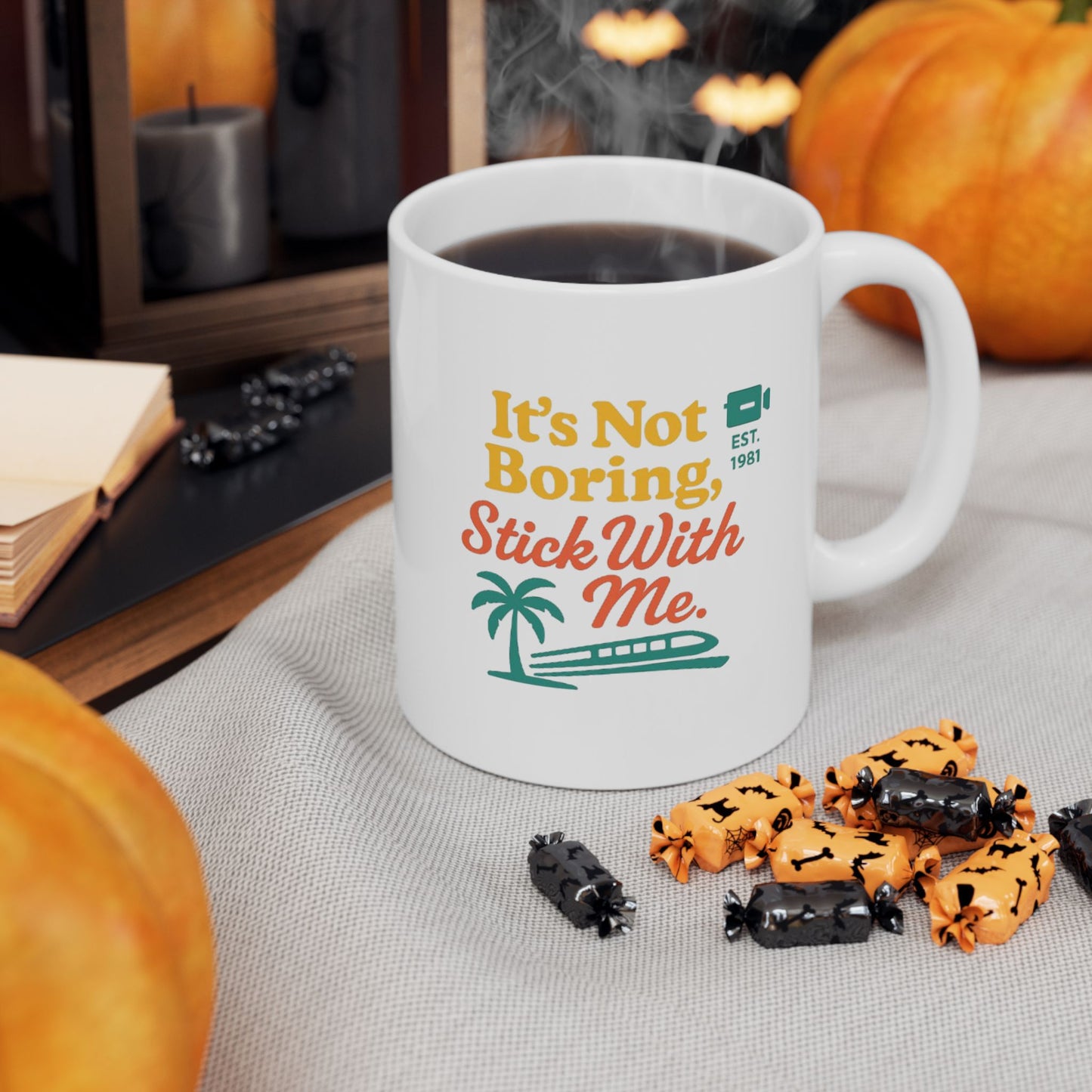 Ceramic Mug — “It’s not Boring”  Retro Beach Coffee Mug with Palm Tree “Life’s Better at the Beach” Design (11oz/15oz)