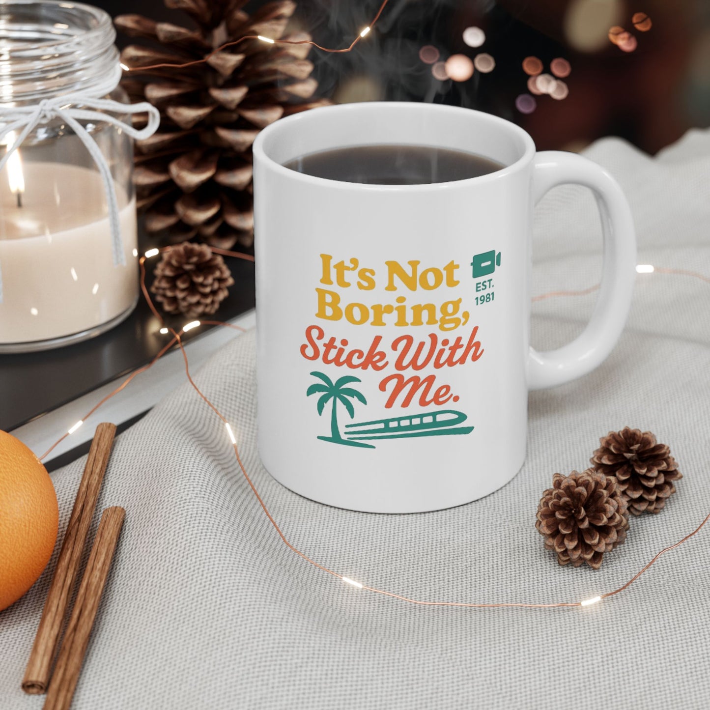 Ceramic Mug — “It’s not Boring”  Retro Beach Coffee Mug with Palm Tree “Life’s Better at the Beach” Design (11oz/15oz)