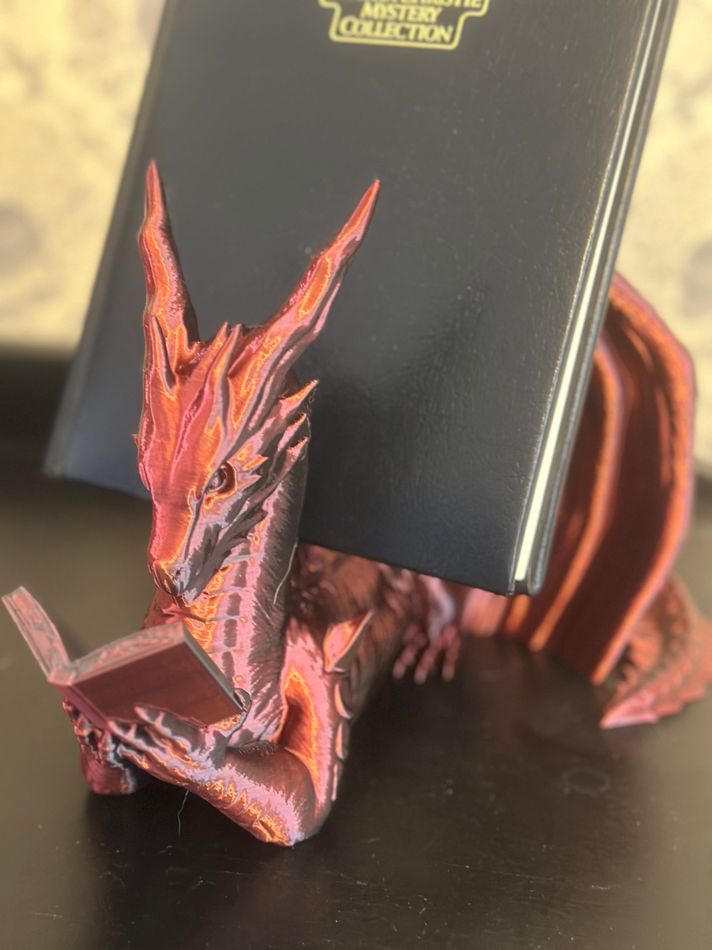 Reading Dragon Book Holder / Silky Red/Black Color / 3D Printed Book Holder