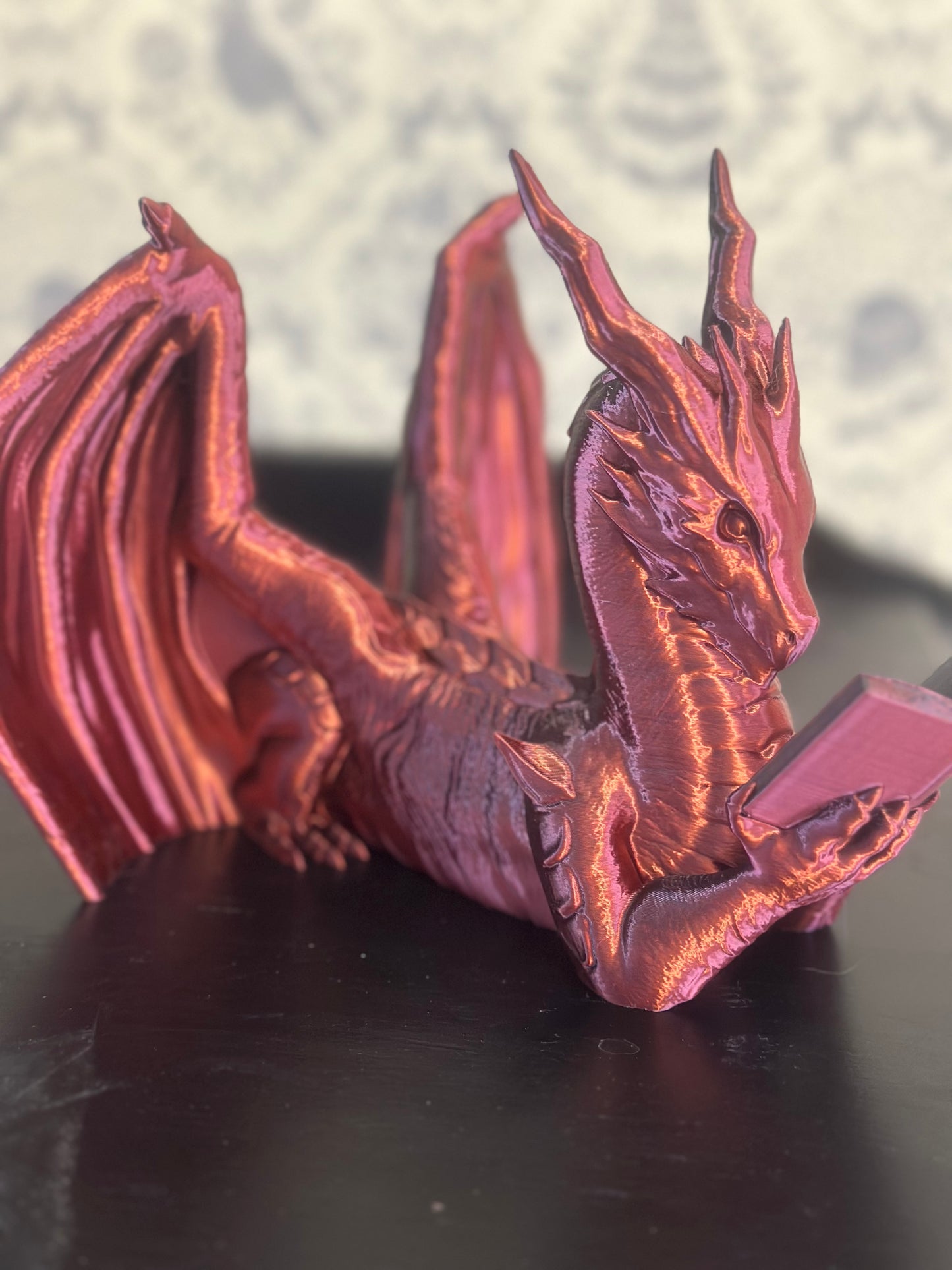 Reading Dragon Book Holder / Silky Red/Black Color / 3D Printed Book Holder